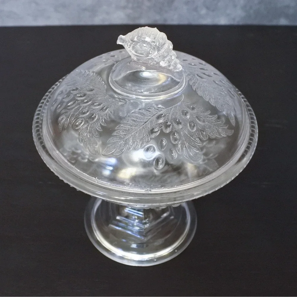 Antique 1870s McKee & Bros American Pressed Glass Barberry Covered Tall Compote